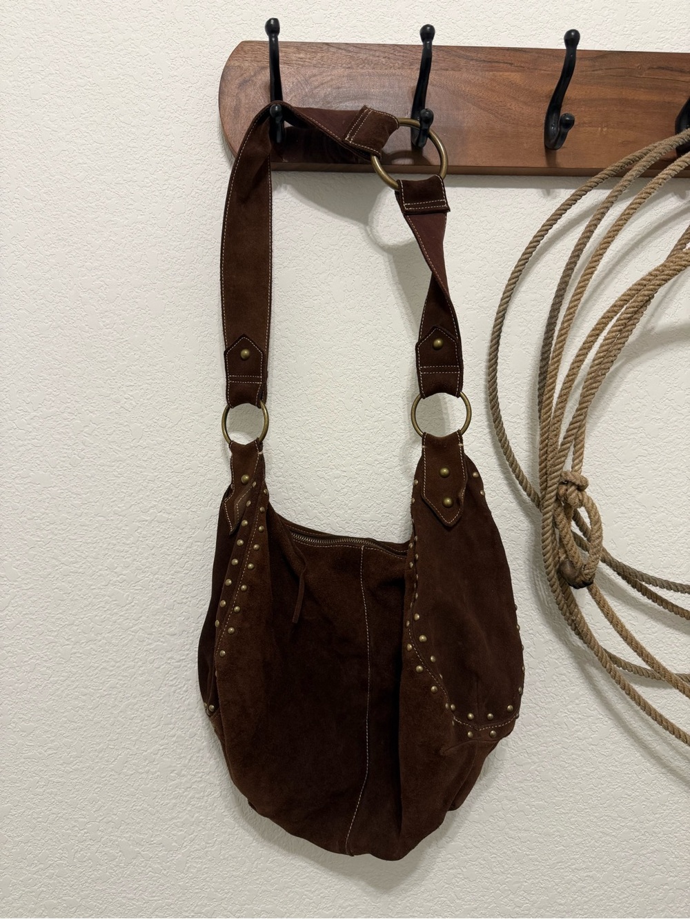 Vintage Y2K Dark Brown Genuine Suede Studded Hobo Bag